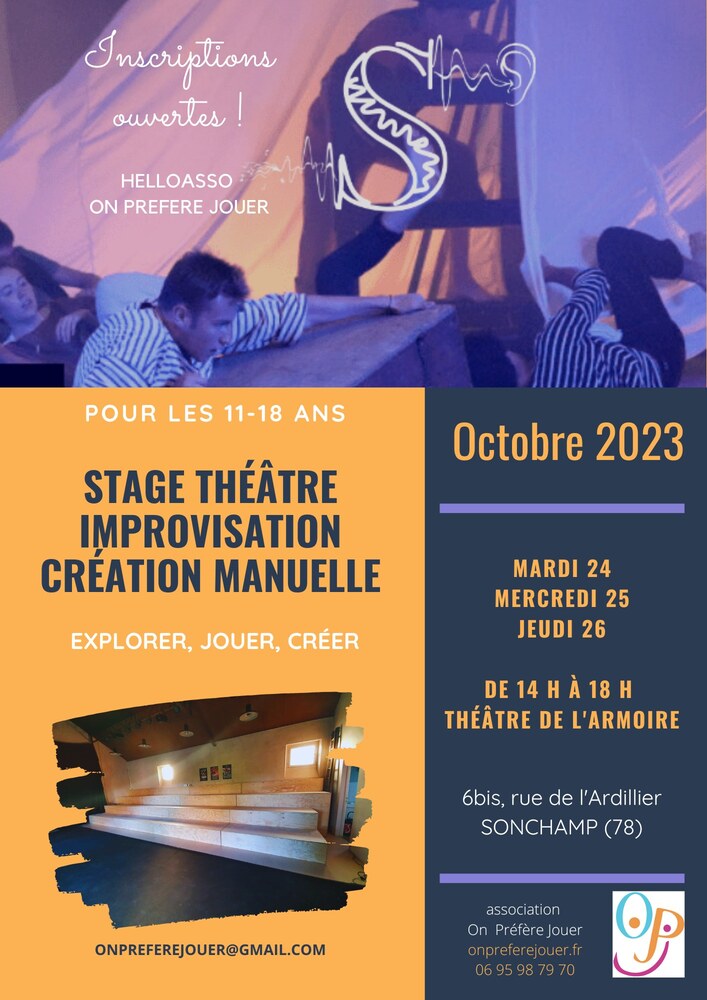 Affiche des stages, avec une photo de pièce de théâtre