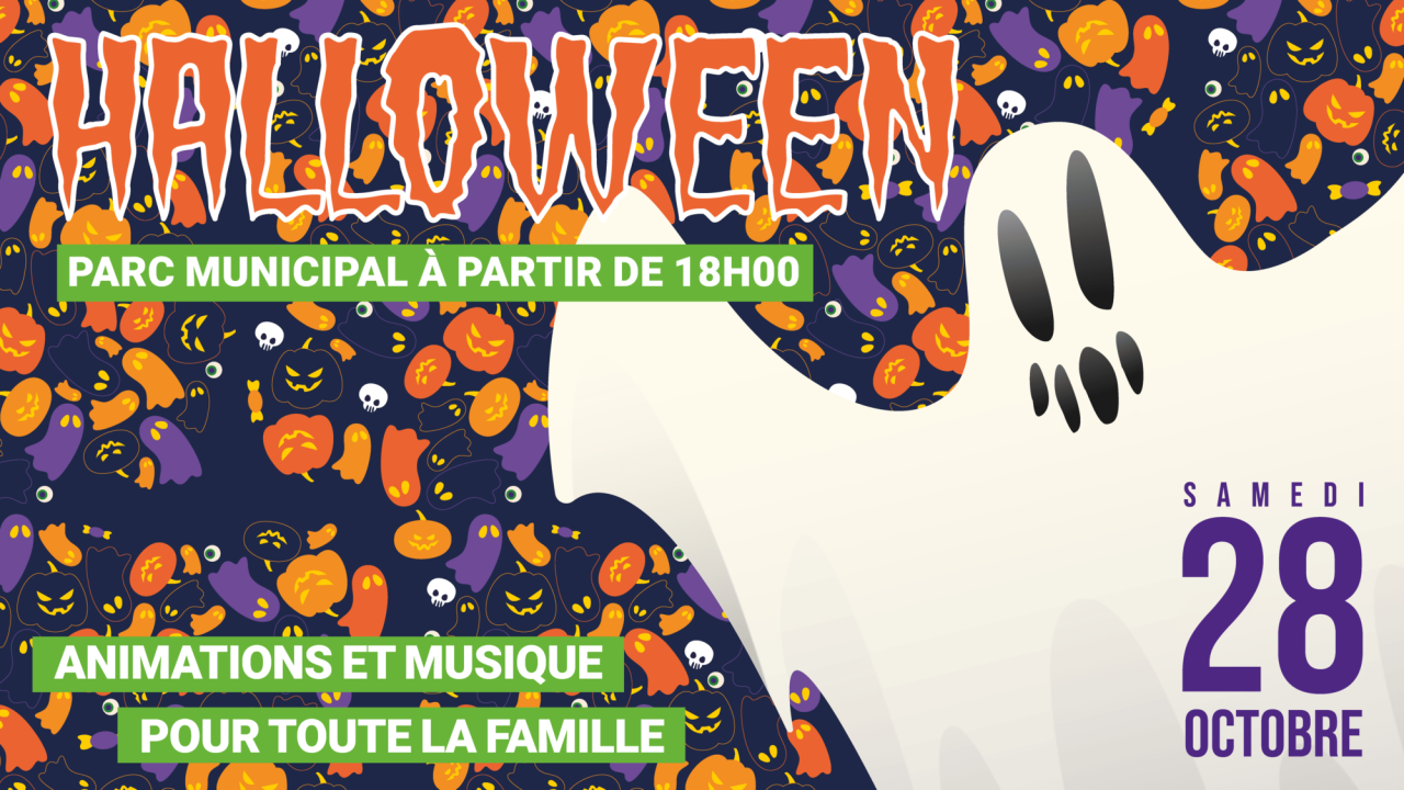 Affiche de la soirée Halloween avec un fantôme et des citrouilles